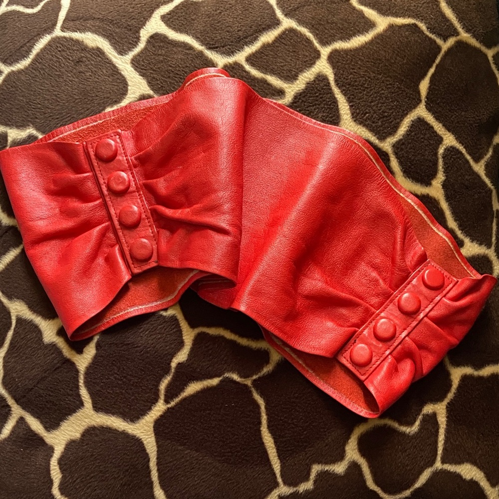 Vintage Vibrant Red Leather Waist Belt with Button Detail